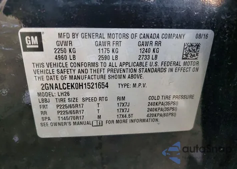 2017 Chevrolet Equinox Lt from USA, damaged, VIN 2GNALCEK0H1521654